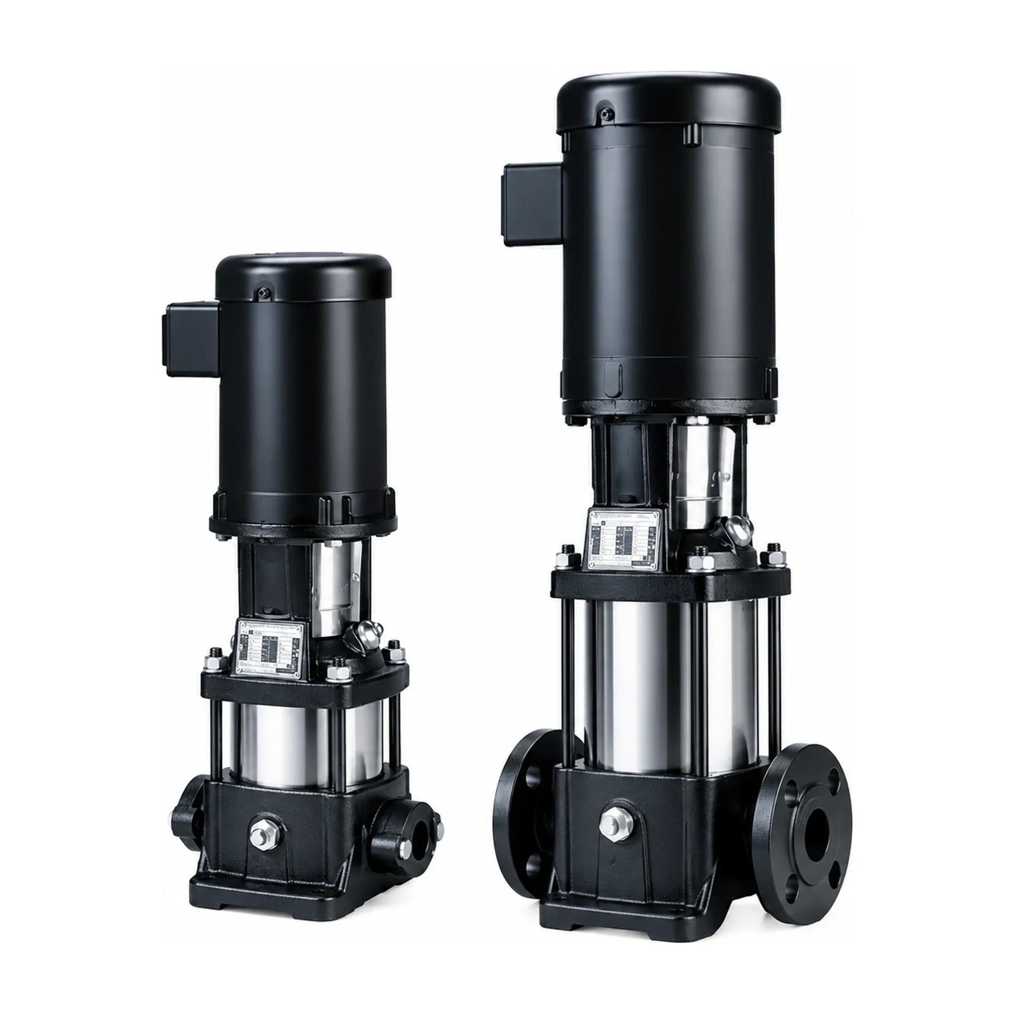 Grundfos CR 3 vertical multistage centrifugal pump in cast iron and 304 stainless steel, shown with oval flange NPT and ANSI flanged connections.