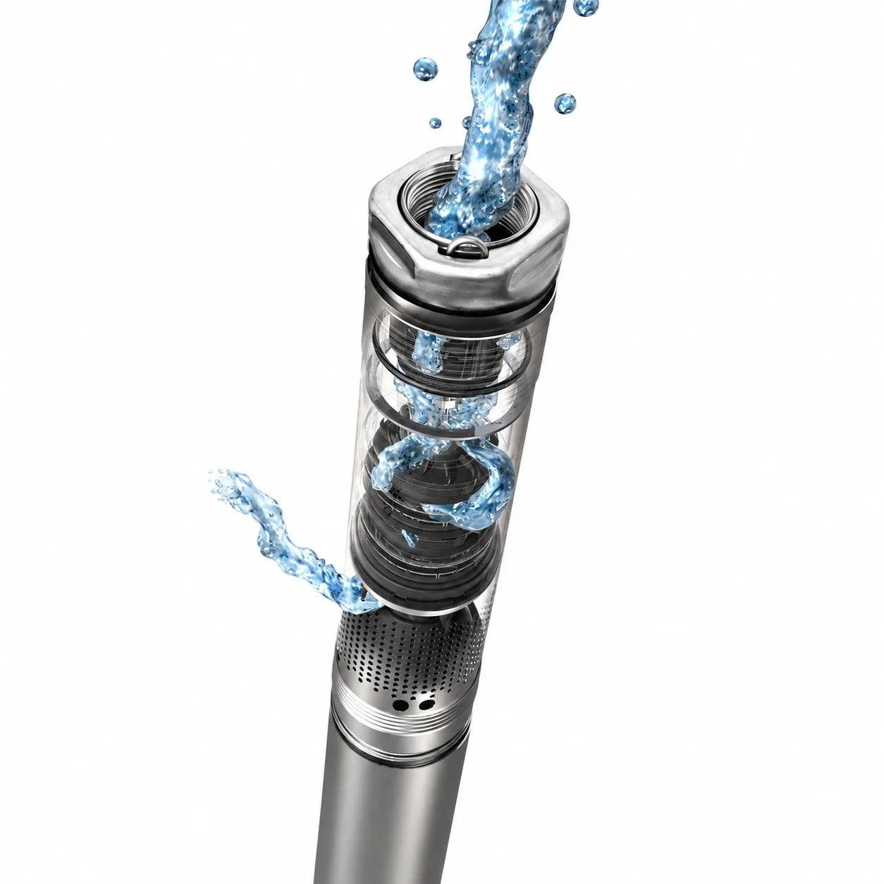 Grundfos SQE submersible well pump suspended on its drop pipe in a water well