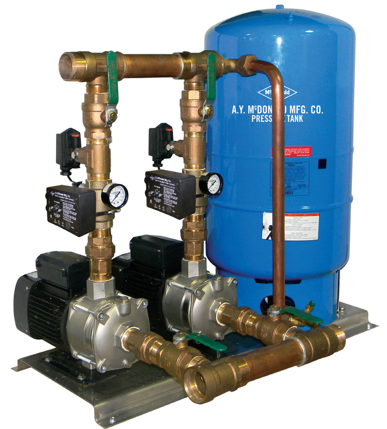 A.Y. McDonald DuraMAC Dual-Mode Duplex Booster, two pumps on stainless base with 20 gallon tank