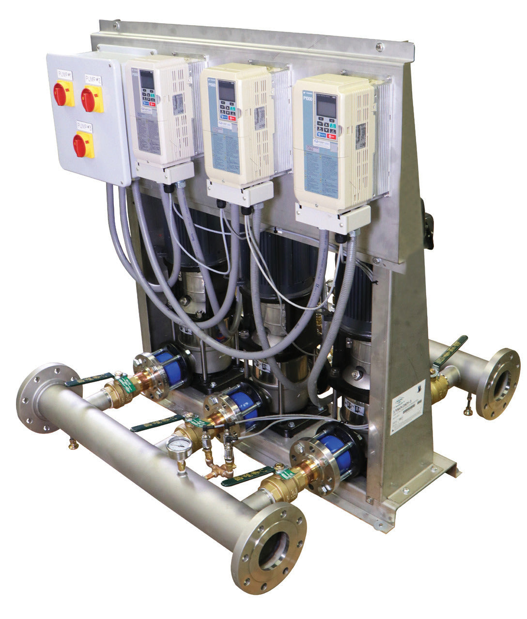 A.Y. McDonald DuraMAC IQ1000 Triplex Variable Speed Booster with three Yaskawa drives and stainless manifolds