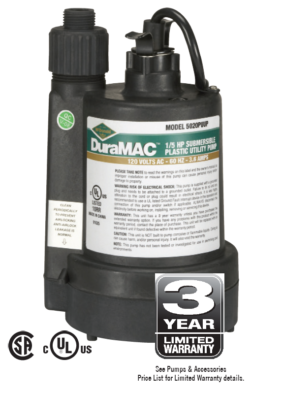 5020PUUP DuraMAC Utility Pump 1/5 HP 120V Thermoplastic