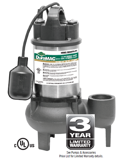 5050CTSJ15 DuraMAC High Volume Sewage Pump 1/2 HP 120V Cast Iron / SS