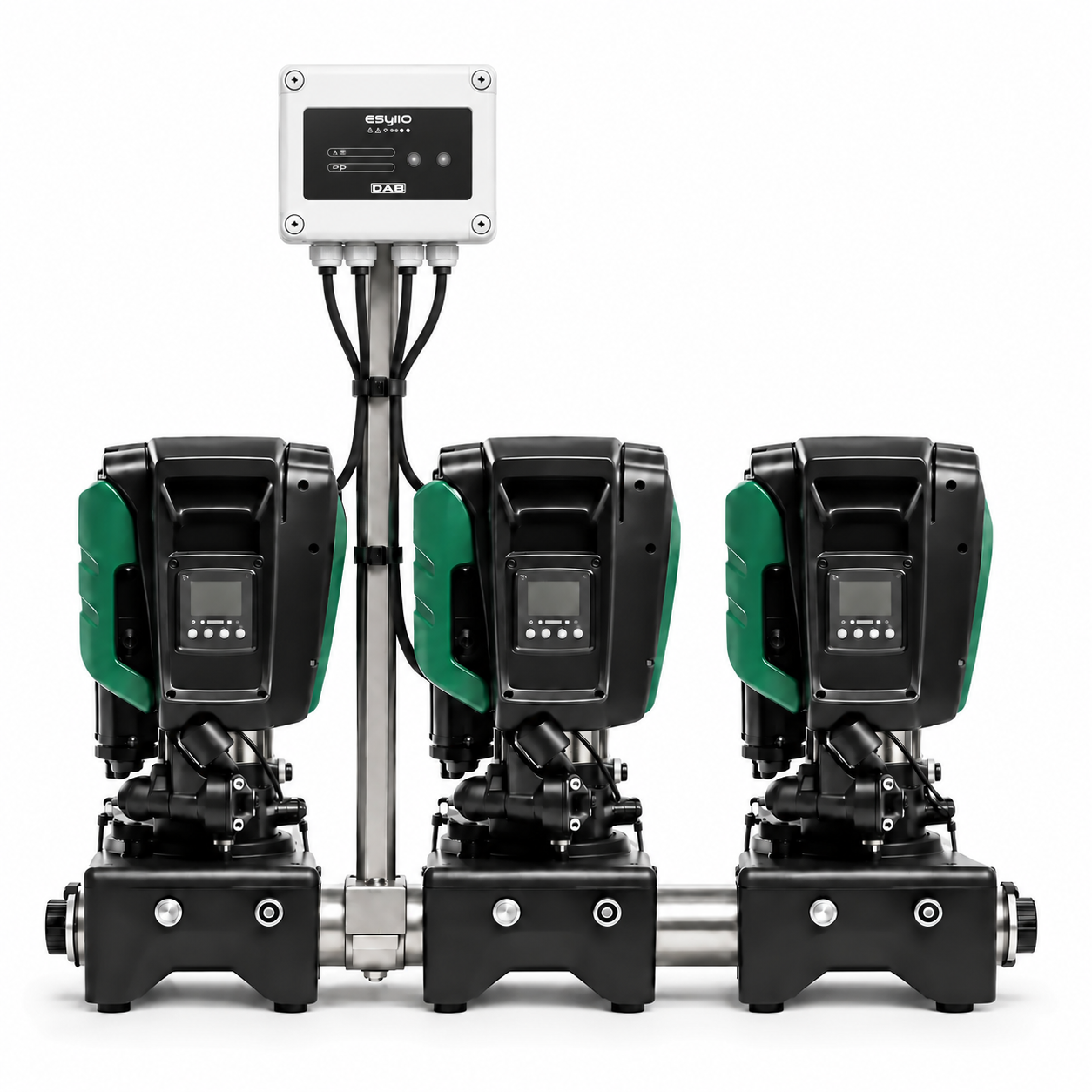 DAB Esybox Max Triplex booster system with Esy I/O module mounted on the triple dock