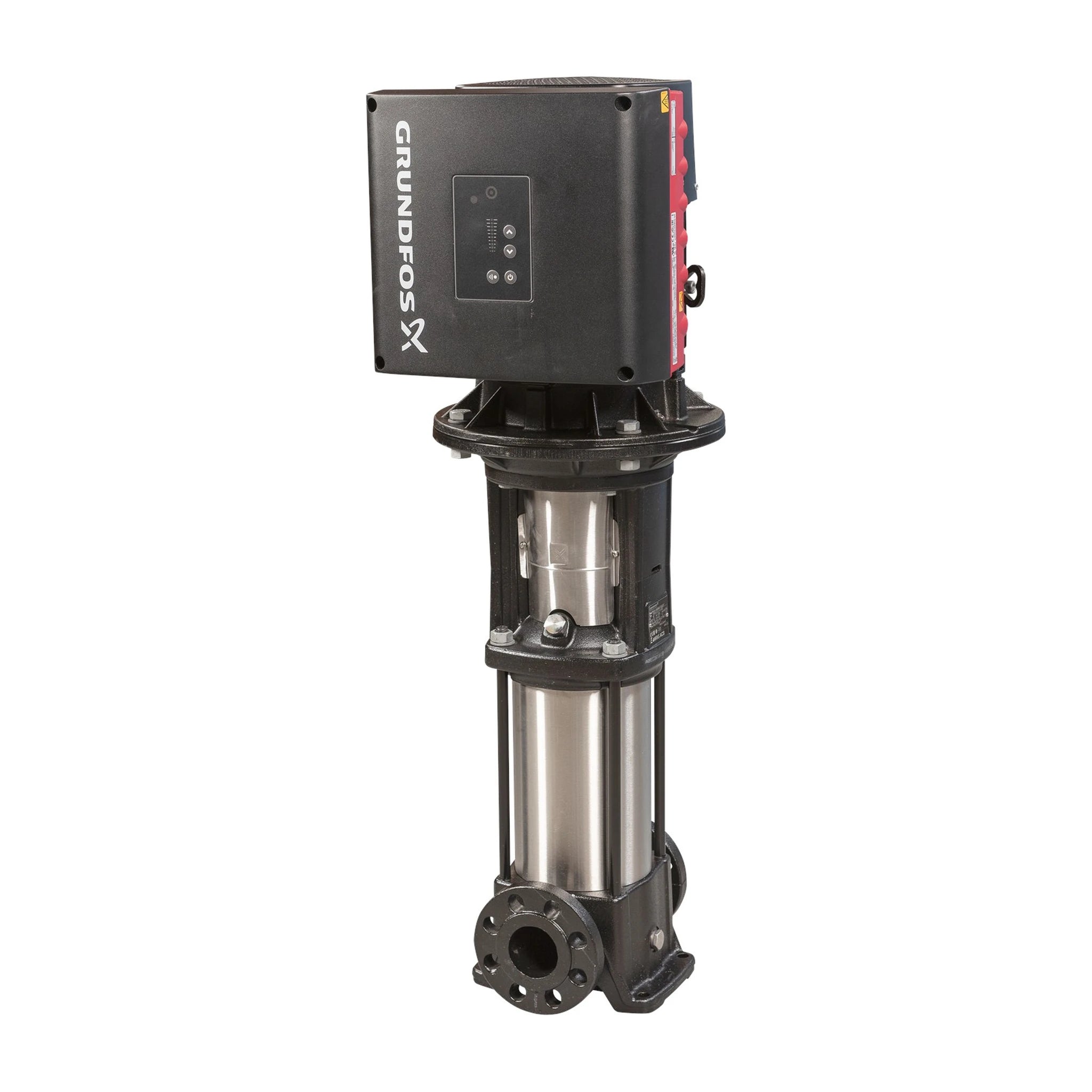 Grundfos CRE 5 variable-speed vertical multistage centrifugal pump with an integrated MLE motor drive, shown with 1 1/4 in ANSI 250 lb flanged connections