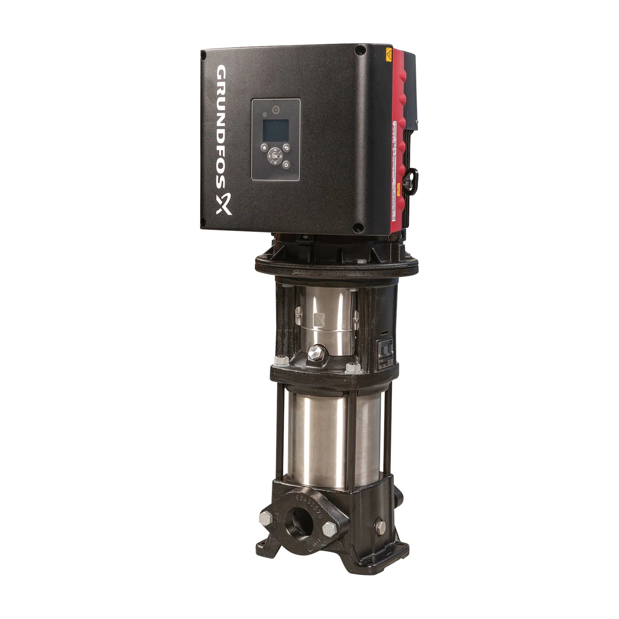 Grundfos CRE 5 variable-speed vertical multistage centrifugal pump with an integrated MLE motor drive, shown with oval-flange NPT female connections