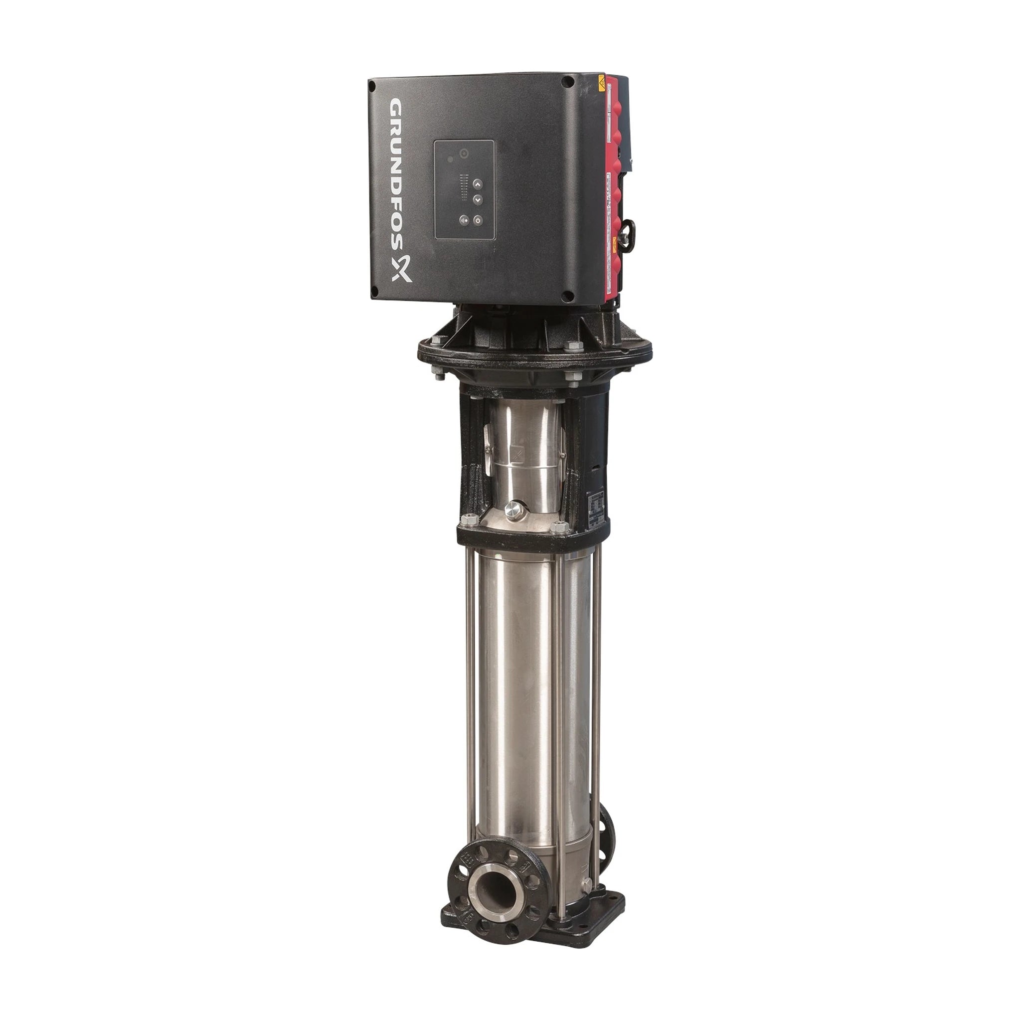 Grundfos CRIE 10 all stainless variable-speed vertical multistage centrifugal pump with an integrated MLE motor drive, shown with 2 in ANSI 300 lb flanged connections