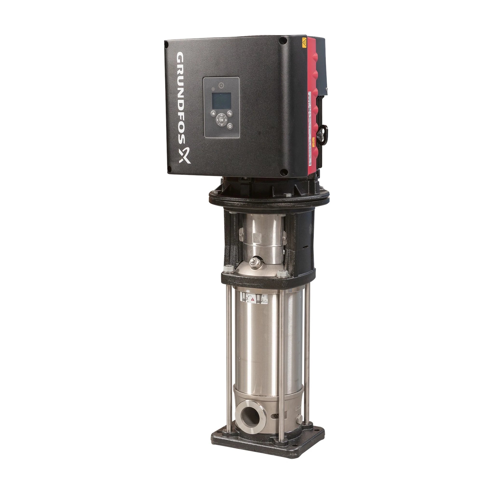 Grundfos CRIE 10 all stainless variable-speed vertical multistage centrifugal pump with an integrated MLE motor drive, shown with FlexiClamp connections