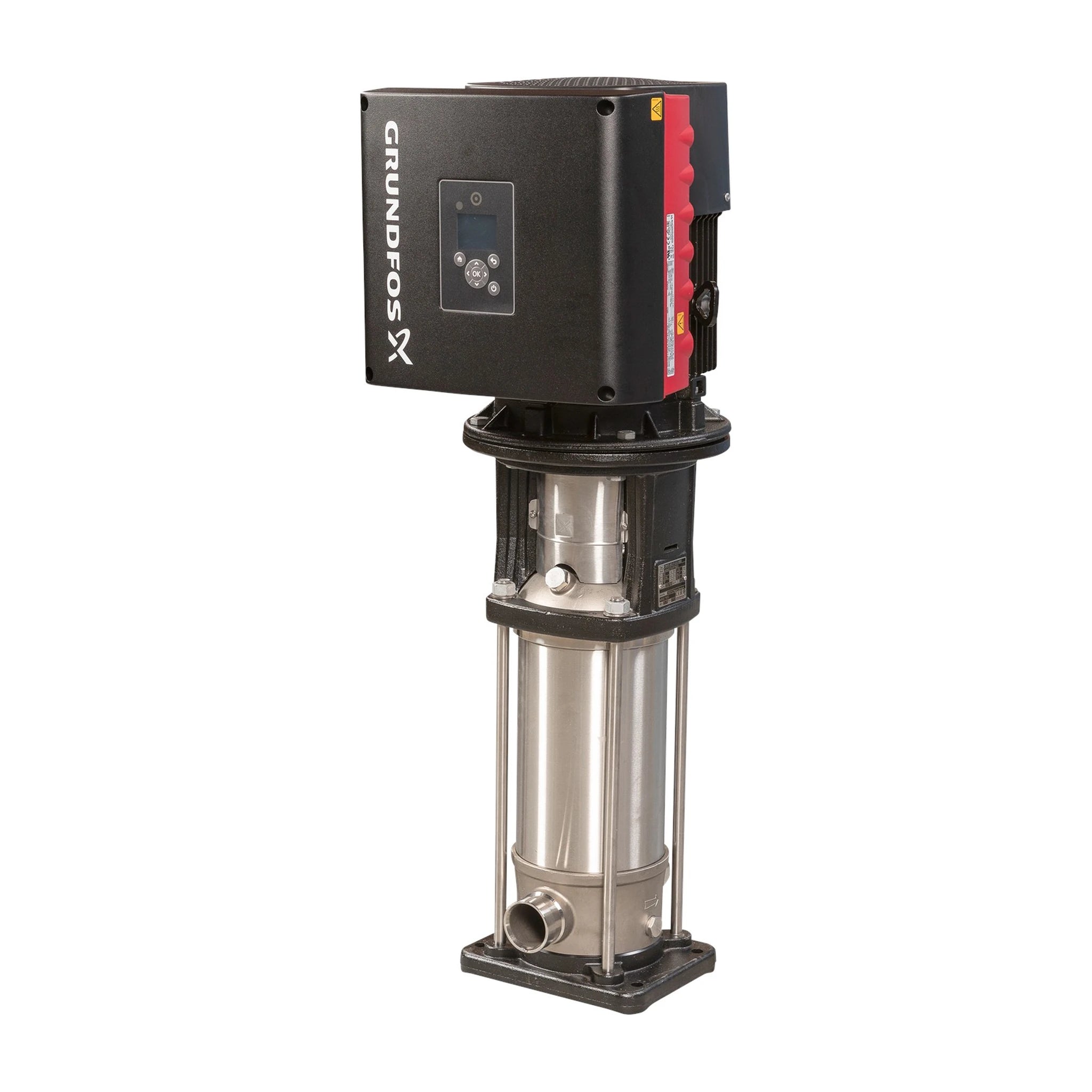 Grundfos CRNE 10 all AISI 316 stainless variable-speed vertical multistage centrifugal pump with an integrated MLE motor drive, shown with 2 in Victaulic grooved connections