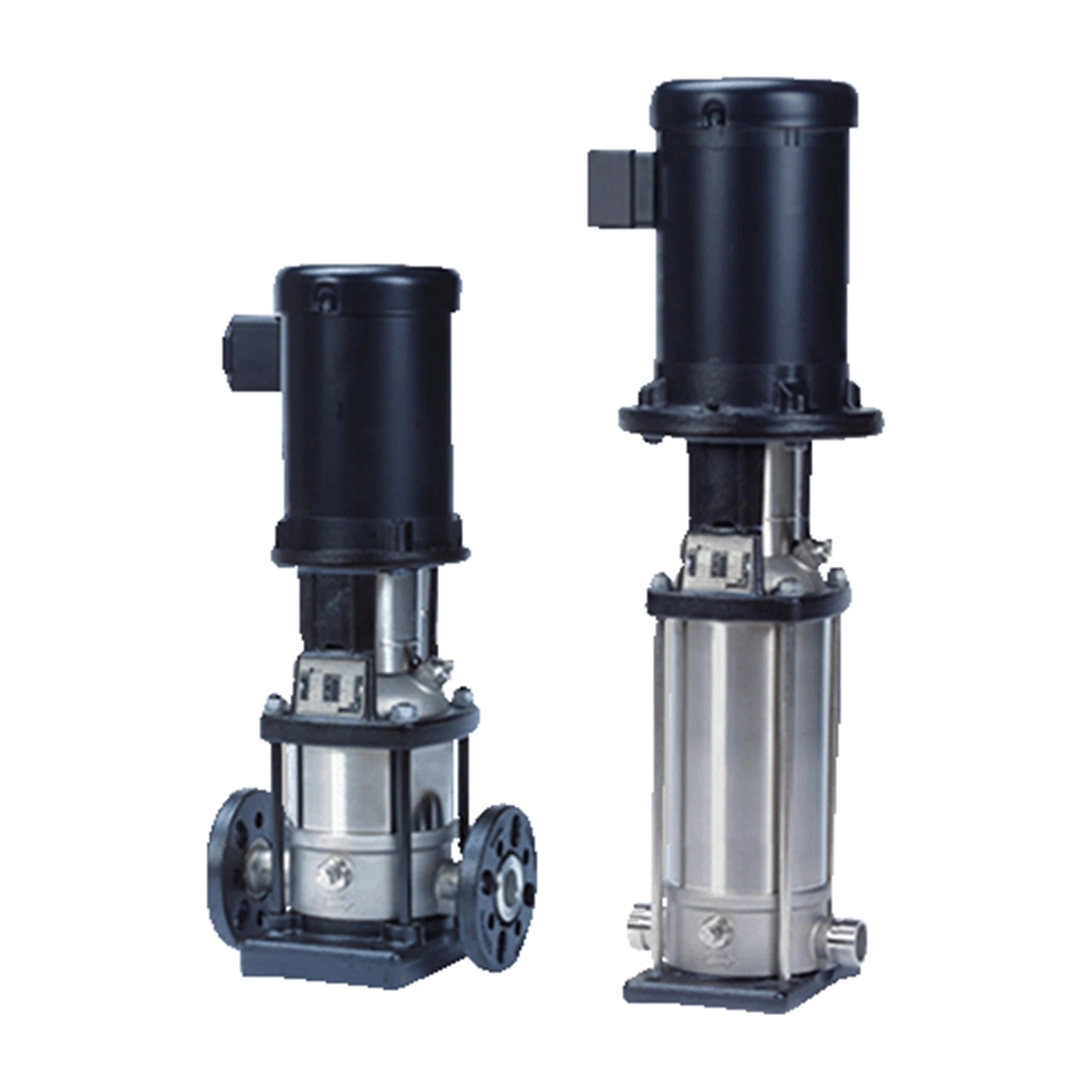 Grundfos CRN 10 all-stainless vertical multistage centrifugal pump in AISI 316, shown with Victaulic grooved and ANSI flanged connections. Representative image of the CRN range.